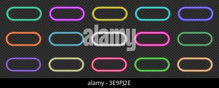 Neon frame collection with colorful glowing borders. Professional set of futuristic oval buttons and bright electric shapes for game interface and mod Stock Vector