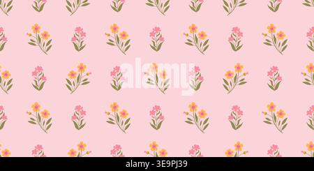 Seamless floral pattern with small yellow and pink flowers on pastel pink background for baby clothes and organic cosmetic packaging. Vector illustrat Stock Vector