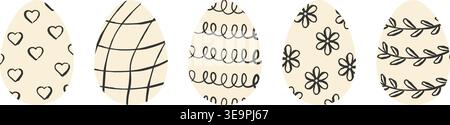 Collection of Easter eggs with various minimalist black ink ornaments on beige background. Decorative vector set with flowers and leaves and hearts fo Stock Vector