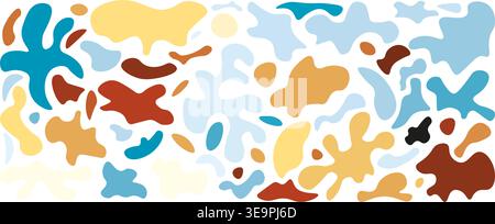 Set of modern abstract layered organic blobs in teal, mustard, brown and light blue. Artistic contemporary textures for bold fashion graphics and crea Stock Vector