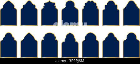 Set of dark blue Islamic window shapes with arched tops and small cutout holes, simple geometric icons for mosque architecture themes, Middle Eastern Stock Vector