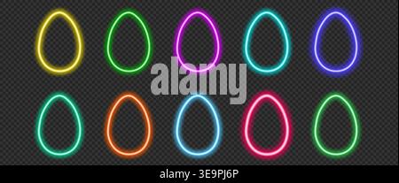 Set of colorful neon Easter eggs glowing outlines on dark transparent background. Vector bright futuristic light frames in cyber style for spring holi Stock Vector