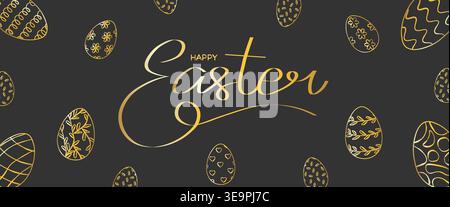 Elegant Happy Easter greeting with golden calligraphy text and decorative Easter eggs on a dark background, perfect for seasonal banners, social media Stock Vector
