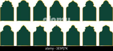 Set of dark green Islamic arches with golden luxury outlines and frames. Geometric windows in traditional Arabic and Moroccan style isolated on white Stock Vector