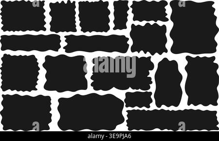 Hand drawn fluid, organic black speech bubbles wavy rectangular shapes. This irregular dialogue bubble set is ideal for social media templates, poster Stock Vector
