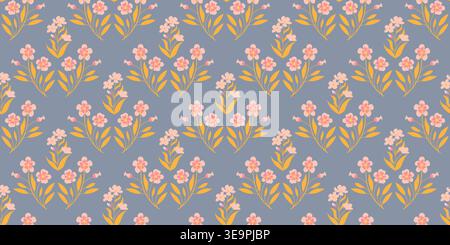 Seamless floral pattern with pale pink flowers and orange yellow leaves on muted slate blue background for premium organic cosmetic packaging.Vector i Stock Vector