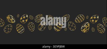 Seamless horizontal Easter border of golden decorative eggs on a dark background, perfect for festive banners, web headers, dividers, wrapping paper a Stock Vector
