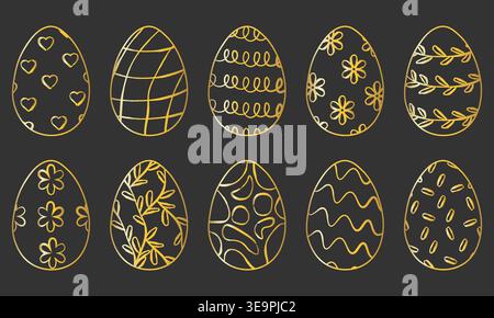 Set of luxury golden Easter eggs with hand drawn floral and geometric patterns on black background. Premium metallic elements for elegant holiday bran Stock Vector