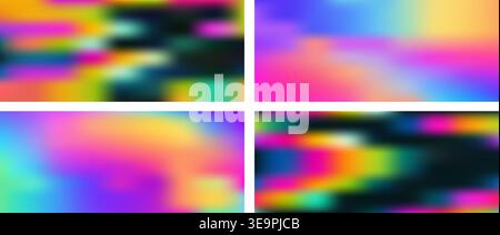 Professional abstract neon set four fluid vibrant gradient textures colorful holographic soft blurred waves shapes modern digital art trendy poster de Stock Vector