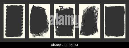 Set of white grunge textures and distressed paint shapes isolated on black background. Collection of rough ink brush strokes and roller spray effects Stock Vector