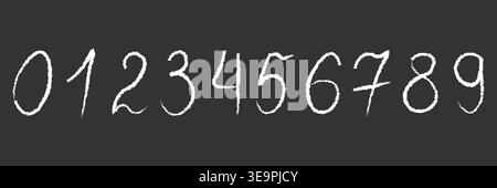 Hand drawn numbers from zero to nine with white chalk or crayon texture on black background. Minimalist sketchy digits for school chalkboard lettering Stock Vector