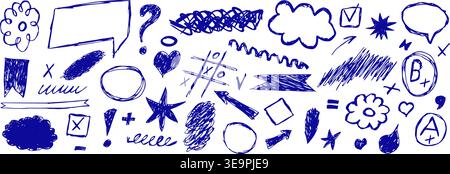 Hand drawn set of blue doodle elements isolated on white background. Collection of sketchy arrows bubbles hearts and marks for creative business plann Stock Vector