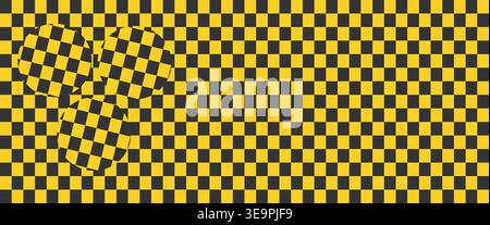 Optical illusion background with yellow and black distorted checkered pattern. Abstract hypnotic racing flag texture and taxi checker design for sport Stock Vector