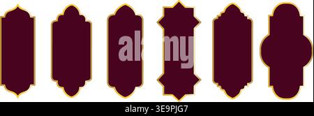 Row of dark red Islamic window silhouettes with different scalloped arched tops, simple geometric icons for mosque architecture, Middle Eastern patter Stock Vector