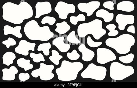 Set of dense small organic blob shapes in white on dark background. Speckled vector texture elements for backgrounds, abstract patterns, grunge overla Stock Vector