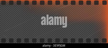 Transparent vintage film frame overlay with warm orange light leak, dust and scratches, old analog camera negative border template for photo editing, Stock Vector