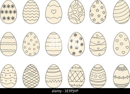 Set of Easter eggs with various linear ornaments including flowers, stars, hearts, and geometric patterns. Minimalist boho spring holiday illustration Stock Vector