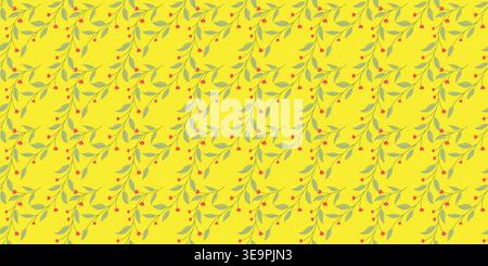 Seamless floral pattern with small pink coral flowers and sage green leaves on lime background for textile wallpaper and cosmetic packaging. Vector il Stock Vector