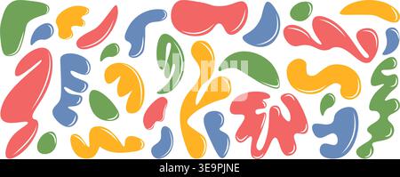Set of colorful abstract organic blob shapes in red, yellow, blue and green. Playful modern elements for creative collages, stickers, branding accents Stock Vector