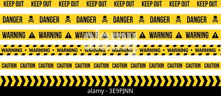 Set of six industrial safety warning tapes. Yellow and black strips with keep out danger caution warning text and skull triangle symbols for construct Stock Vector