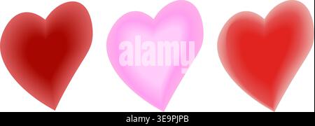Set of three soft gradient heart shapes in red and pink, glossy romantic symbols for Valentines Day cards, love messages, stickers, social media posts Stock Vector