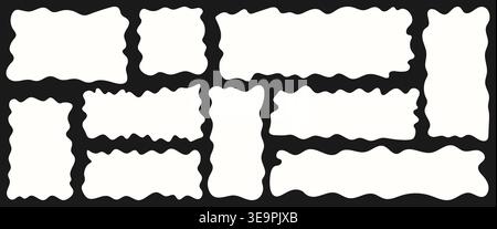 Set of wavy organic rectangles white on dark background. Composition geometric shapes, funky frames for text and pictures, empty speech bubbles.Vector Stock Vector
