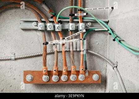 Electrical grounding and bonding busbar system in electrical room.  Labeled grounding rods. Copper conductors, clamps, and grounding electrodes mounte Stock Photo