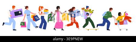 Consumers rushing with shopping bags, boxes, flowers and gifts during big sale, diverse people running and riding cart with purchases, isolated on white background vector illustration Stock Vector