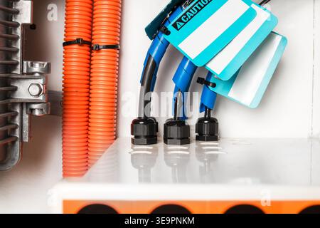 Fiber distribution box with fiber optics cable. Building fiber network distribution box or termination box with innerduct conduits. Fiber optics or hi Stock Photo