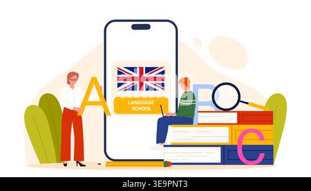 Online English language school with teacher, student using laptop, mobile app, books and alphabet letters for studying foreign languages, education and e-learning isolated vector illustration Stock Vector