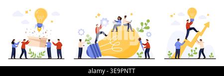 Business people collaborating with light bulb ideas, launching innovation, teamwork, and growth success in three creative scenes, flat style isolated on white background vector illustration Stock Vector