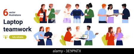 Business people collaborating with laptops, discussing data, and presenting charts in modern office teamwork scenes, diverse colleagues communicating and sharing ideas, isolated vector illustration Stock Vector