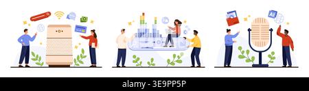 People interacting with smart speakers, audio apps, and AI voice assistants for search, streaming, and communication in modern digital environment, isolated on white background vector illustration Stock Vector