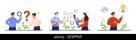 People searching for answers solving problems making decisions brainstorming creative solutions with question marks checklists light bulb icons isolated on white background vector illustration Stock Vector