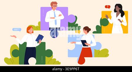 Business people communicating inside colorful puzzle pieces, diverse office team discussing ideas and questions in flat style on light background, black woman included, vector illustration Stock Vector