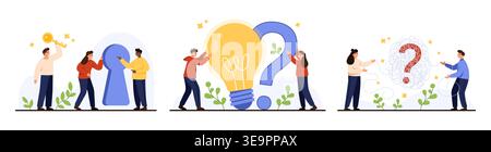 People collaborating with key, lightbulb and question mark, concept of teamwork, brainstorming, finding ideas, solving problems, business strategy isolated on white background vector illustration Stock Vector