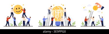 Business people collaborating with ladders to build smiley face brain puzzle and target coin, symbolizing teamwork success creativity motivation goal achievement isolated on white vector illustration Stock Vector