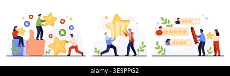 People giving star feedback, rating services, leaving customer reviews with five star scores, social media likes, satisfaction evaluation, teamwork concept isolated on white vector illustration Stock Vector