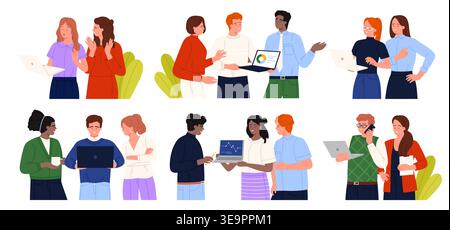 Diverse office workers standing in pairs, using laptops, tablets and charts while discussing teamwork, analytics and remote work, isolated on white background vector illustration Stock Vector