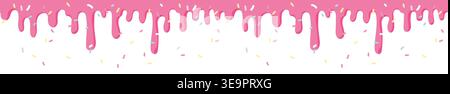 Seamless icing drip texture with sprinkles. Tiling cake frosting pattern repeating horizontally. Pink strawberry icing with colorful sprinkles. Stock Vector