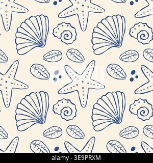 Hand drawn sea shells blue pattern Stock Vector