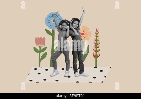 Two Children Having Fun in a Colorful Collage With Flowers and Polka Dots in the Background Stock Photo