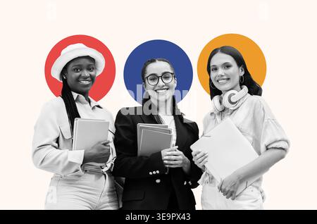Collage Showing Three Students Posing With Notebooks and Smiling in Bright Colors Stock Photo