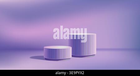 Neon purple poduim, 3d platform for product ads. Dark stage pedestal of two steps. Abstract studio scene, marble room pillars. Pink blue skincare Stock Vector