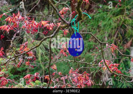 Easter egg decoration hanging on a Japanese Maple at Biddulph Grange Garden Stock Photo