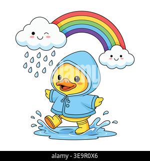 Cute Baby Duck in Blue Raincoat and Yellow Boots Splashing in Rain with Rainbow Vector Illustration Stock Vector