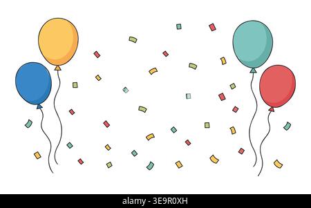 Colorful Birthday Balloons with Falling Confetti Party Celebration Background Vector Illustration Stock Vector