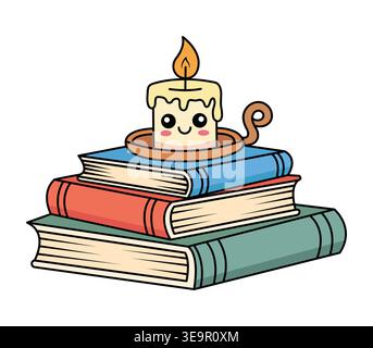 Cute Kawaii Candle Burning on a Stack of Books Vector Illustration for Education and Knowledge Stock Vector