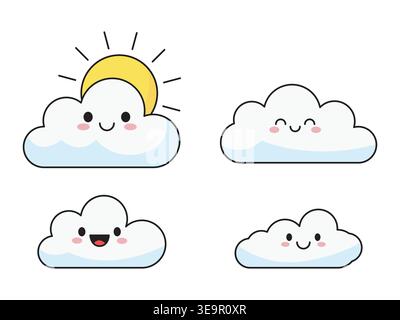 Cute Smiling Clouds with Sun Characters Set Kawaii Style Flat Vector Illustration Stock Vector
