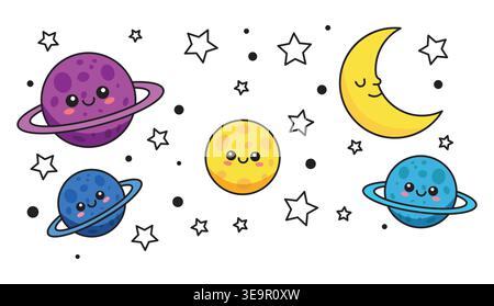 Outer Space Planet Elements Set, Cute Cartoon Galaxy Objects With Moon and Stars for Kids Design Stock Vector